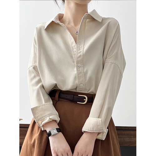 長袖米白襯衫女秋季新款加厚磨毛曡穿打底襯衣設計感小衆上衣外套