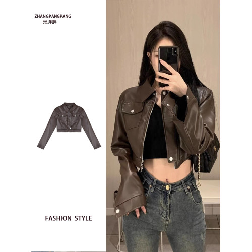 美拉德穿搭咖棕色皮衣外套女春秋2025年新款大碼寬松外穿短款上衣 美拉德穿搭咖棕色皮衣外套女春秋2025年新款大碼寬松外穿短款上衣