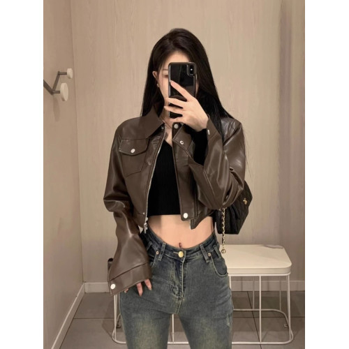 美拉德穿搭咖棕色皮衣外套女春秋2025年新款大碼寬松外穿短款上衣 美拉德穿搭咖棕色皮衣外套女春秋2025年新款大碼寬松外穿短款上衣