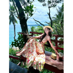 超仙大擺氛圍感碎花氣質收腰顯瘦百褶掛脖抹胸吊帶長裙海邊度假裙