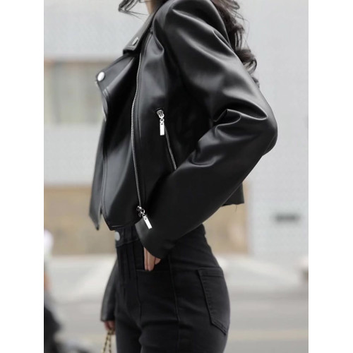 2025年春季新款時尚氣質黑色夾克翻領高腰荷包拉鍊短款皮衣外套女 2025年春季新款時尚氣質黑色夾克翻領高腰荷包拉鍊短款皮衣外套女