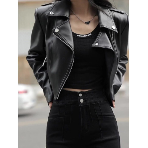 2025年春季新款時尚氣質黑色夾克翻領高腰荷包拉鍊短款皮衣外套女 2025年春季新款時尚氣質黑色夾克翻領高腰荷包拉鍊短款皮衣外套女