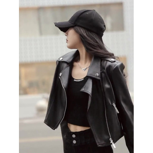 2025年春季新款時尚氣質黑色夾克翻領高腰荷包拉鍊短款皮衣外套女 2025年春季新款時尚氣質黑色夾克翻領高腰荷包拉鍊短款皮衣外套女