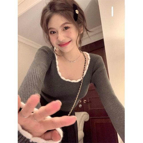 復古方領撞色木耳邊軟糯針織打底衫女秋冬新款內搭毛衣高級感上衣