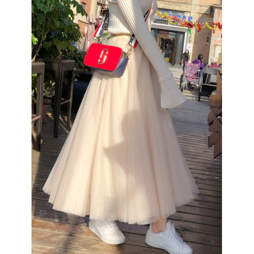 2025新款秋冬白色紗裙女半身裙長款加絨加厚網紗裙冬裝半身長裙