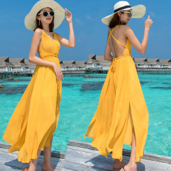 夏季新款巴厘島海邊度假黃色沙灘裙女復古顯瘦韓版連衣裙超仙長裙
