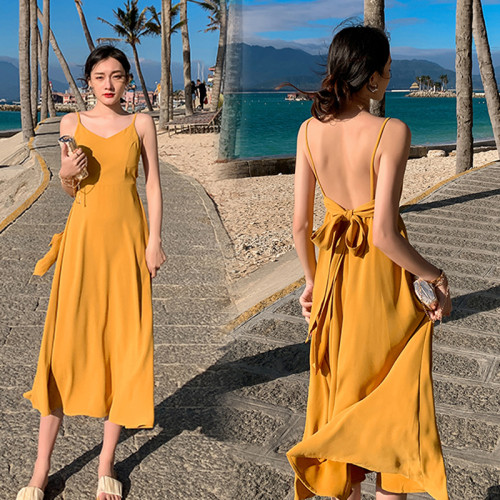 夏季新款巴厘島海邊度假黃色沙灘裙女復古顯瘦韓版連衣裙超仙長裙