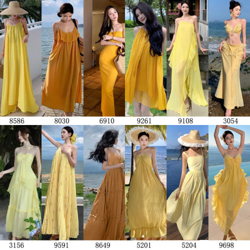 夏季新款巴厘島海邊度假黃色沙灘裙女復古顯瘦韓版連衣裙超仙長裙