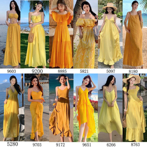 夏季新款巴厘島海邊度假黃色沙灘裙女復古顯瘦韓版連衣裙超仙長裙