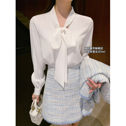 島歌夫人法式白色蝴蝶結襯衫女春秋長袖設計感小衆襯衣高級感上衣