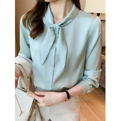 蝴蝶結白色襯衫女長袖春秋高級感精緻緞面襯衣職業氣質工作服上衣