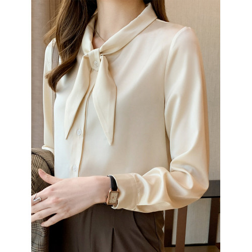 蝴蝶結白色襯衫女長袖春秋高級感精緻緞面襯衣職業氣質工作服上衣