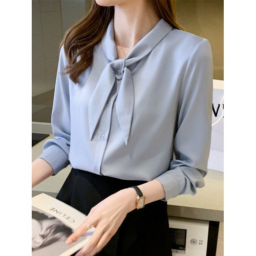 蝴蝶結白色襯衫女長袖春秋高級感精緻緞面襯衣職業氣質工作服上衣