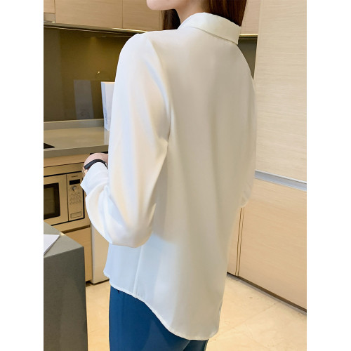 蝴蝶結白色襯衫女長袖春秋高級感精緻緞面襯衣職業氣質工作服上衣