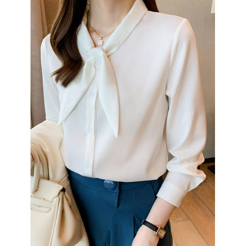 蝴蝶結白色襯衫女長袖春秋高級感精緻緞面襯衣職業氣質工作服上衣