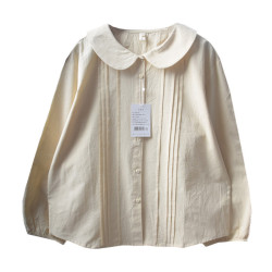 日系軟妹風琴壓褶寬松文藝娃娃領襯衫長袖女上衣氣質百搭純棉襯衣