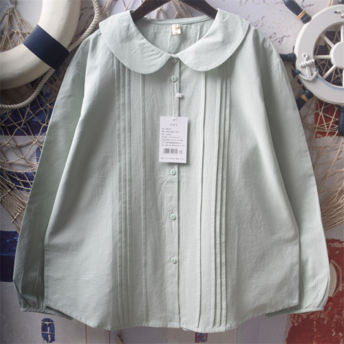 日系軟妹風琴壓褶寬松文藝娃娃領襯衫長袖女上衣氣質百搭純棉襯衣