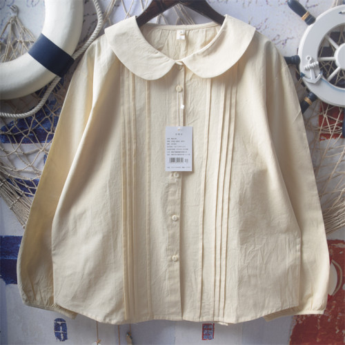 日系軟妹風琴壓褶寬松文藝娃娃領襯衫長袖女上衣氣質百搭純棉襯衣