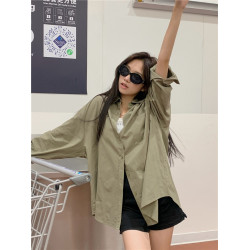 PPHOME出街乖寶~純色寬松百搭休閒夏季藍色長袖防曬襯衫襯衣外套