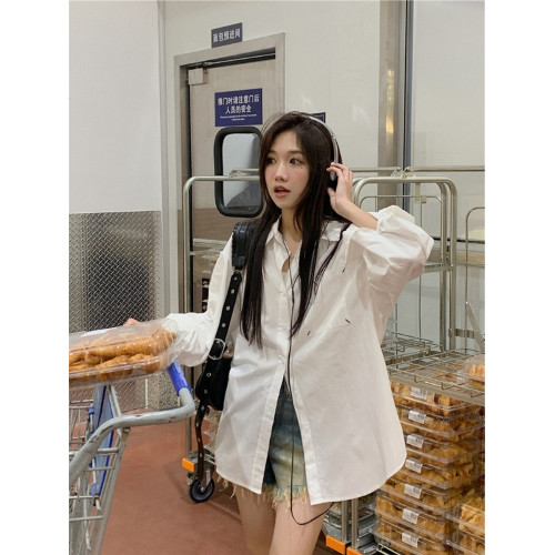 PPHOME出街乖寶~純色寬松百搭休閒夏季藍色長袖防曬襯衫襯衣外套