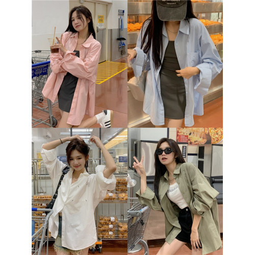 PPHOME出街乖寶~純色寬松百搭休閒夏季藍色長袖防曬襯衫襯衣外套