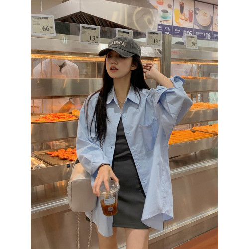 PPHOME出街乖寶~純色寬松百搭休閒夏季藍色長袖防曬襯衫襯衣外套