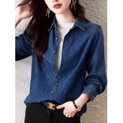 藍色正肩復古牛仔襯衫春秋內搭曡穿襯衣港風百搭小個子上衣外套冬