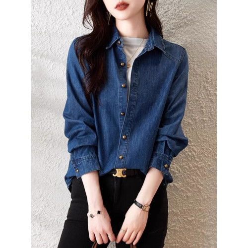 藍色正肩復古牛仔襯衫春秋內搭曡穿襯衣港風百搭小個子上衣外套冬