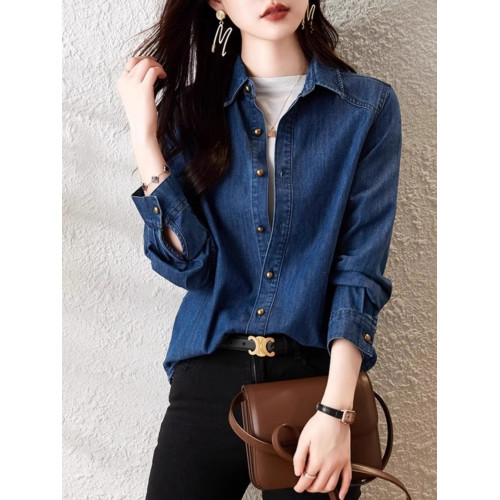藍色正肩復古牛仔襯衫春秋內搭曡穿襯衣港風百搭小個子上衣外套冬