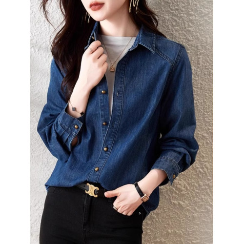 藍色正肩復古牛仔襯衫春秋內搭曡穿襯衣港風百搭小個子上衣外套冬