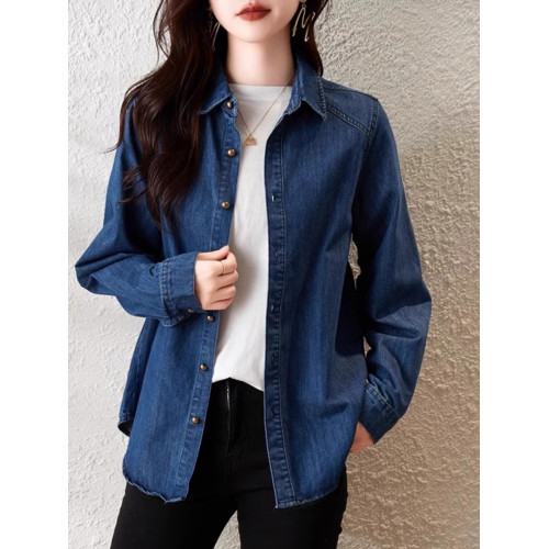 藍色正肩復古牛仔襯衫春秋內搭曡穿襯衣港風百搭小個子上衣外套冬