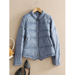 外單日系~白鴨絨秋冬季女立領單排釦小個子襯衫羽絨服