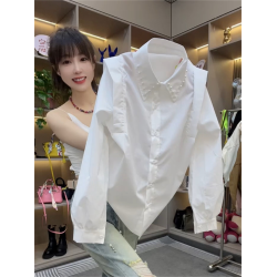歐貨早春新款時髦設計感珍珠領白色襯衫女氣質高級感寬松顯瘦上衣