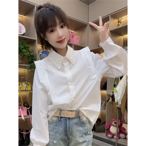 歐貨早春新款時髦設計感珍珠領白色襯衫女氣質高級感寬松顯瘦上衣