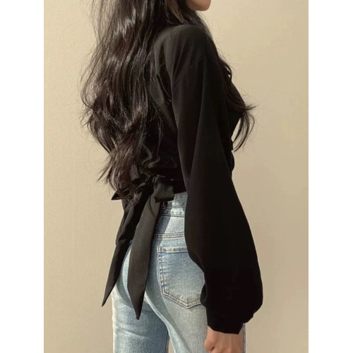 大碼胖妹妹襯衫女春秋季設計感小衆長袖襯衣交叉v領綁帶高腰上衣