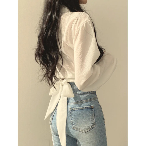 大碼胖妹妹襯衫女春秋季設計感小衆長袖襯衣交叉v領綁帶高腰上衣