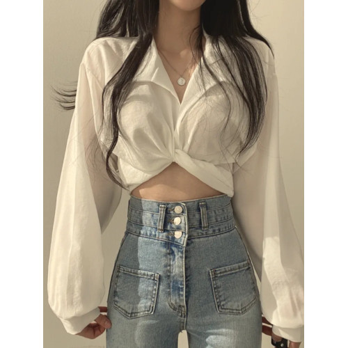 大碼胖妹妹襯衫女春秋季設計感小衆長袖襯衣交叉v領綁帶高腰上衣