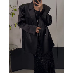 高級感氣質黑色綢面光澤感西裝外套女2025春薄款寬松墊肩西服上衣