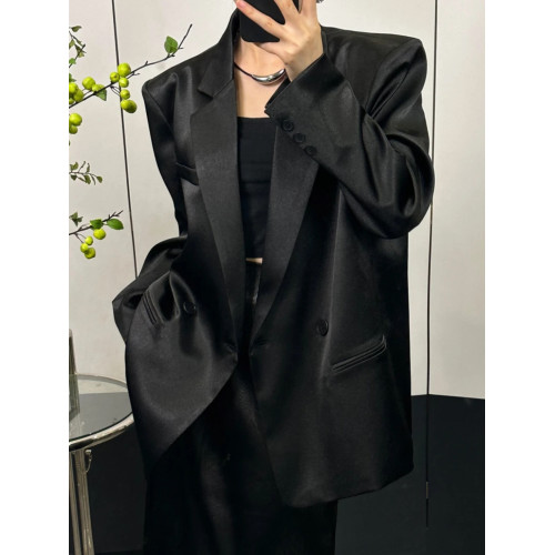 高級感氣質黑色綢面光澤感西裝外套女2025春薄款寬松墊肩西服上衣 高級感氣質黑色綢面光澤感西裝外套女2025春薄款寬松墊肩西服上衣