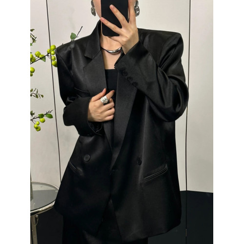高級感氣質黑色綢面光澤感西裝外套女2025春薄款寬松墊肩西服上衣 高級感氣質黑色綢面光澤感西裝外套女2025春薄款寬松墊肩西服上衣