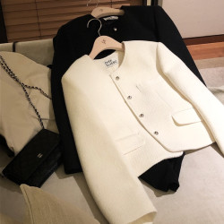 秋冬季女裝新款黑色小香風西裝米白色短款毛呢料外套小個子上衣春