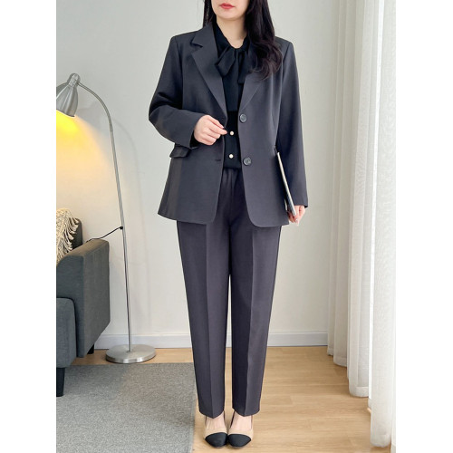 300斤特大碼職業灰色西裝套裝女士200胖mm春秋OL藏藍色面試工作服 300斤特大碼職業灰色西裝套裝女士200胖mm春秋OL藏藍色面試工作服