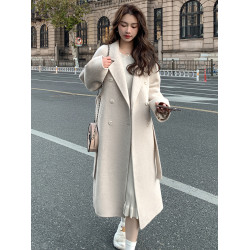 藍色雙面絨呢大衣2024秋冬季新款韓版寬松中長款系帶毛呢外套女