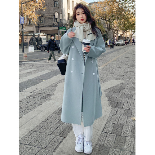 藍色雙面絨呢大衣2024秋冬季新款韓版寬松中長款系帶毛呢外套女 藍色雙面絨呢大衣2024秋冬季新款韓版寬松中長款系帶毛呢外套女