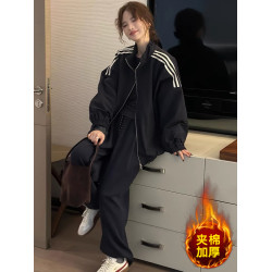 歐貨慵懶風條紋拼接撞色棉服外套女新款立領時尚加厚保暖休閒棉衣