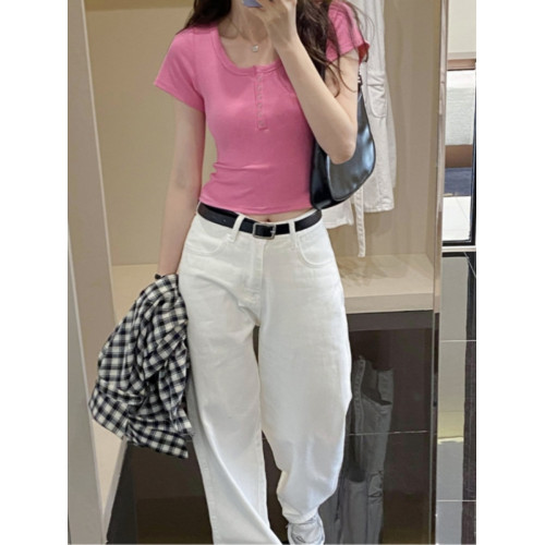 半開領紐釦上衣短款露臍U領正肩短袖2025夏季設計感修身白色T恤女