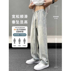 美式黃泥牛仔褲男士秋季冬秋潮牌高街直筒寬松做舊休閒濶腿長褲子