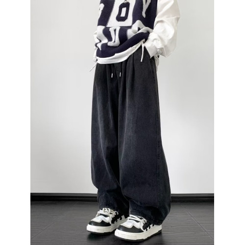 日系復古系繩牛仔褲男潮牌寬松高街濶腿褲男生褲子松緊腰哈倫長褲 日系復古系繩牛仔褲男潮牌寬松高街濶腿褲男生褲子松緊腰哈倫長褲