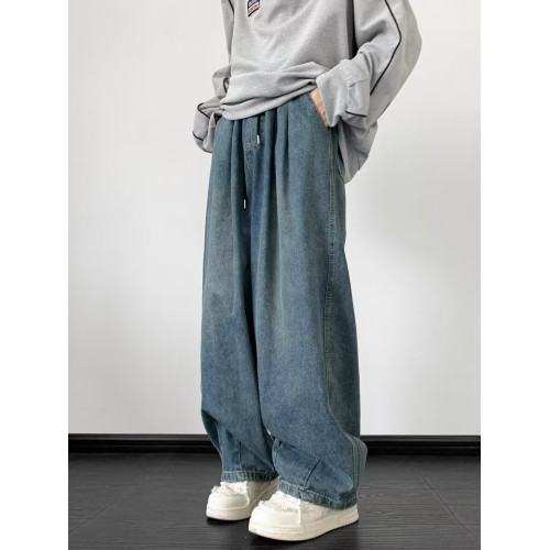 日系復古系繩牛仔褲男潮牌寬松高街濶腿褲男生褲子松緊腰哈倫長褲 日系復古系繩牛仔褲男潮牌寬松高街濶腿褲男生褲子松緊腰哈倫長褲