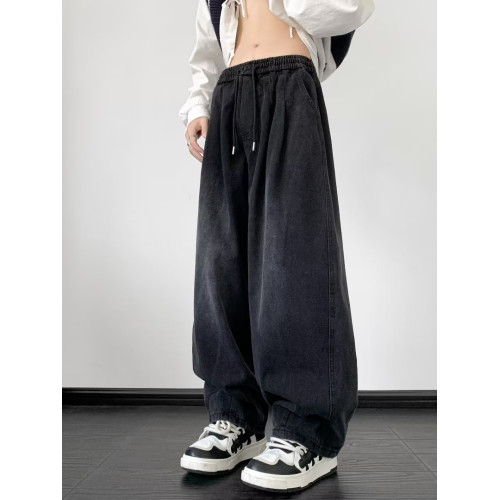 日系復古系繩牛仔褲男潮牌寬松高街濶腿褲男生褲子松緊腰哈倫長褲 日系復古系繩牛仔褲男潮牌寬松高街濶腿褲男生褲子松緊腰哈倫長褲